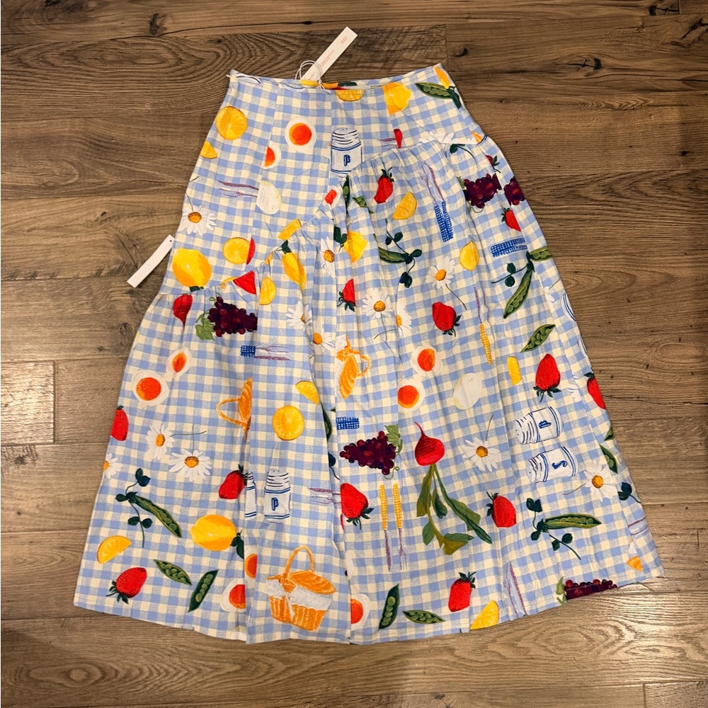 Lisa Says Gah Light Blue Gingham Fruit & Kitchen Print Midi Skirt - Picture 5 of 5